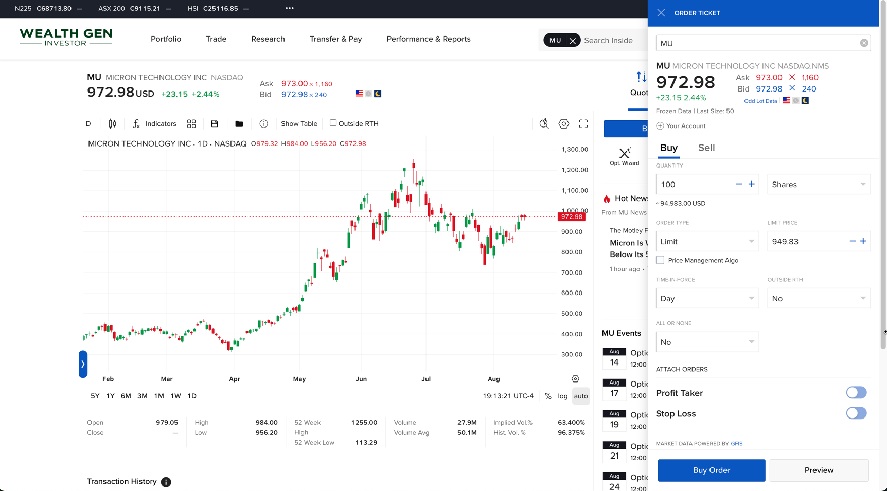 WealthGen Investor trading view showing a price chart with integrated order ticket